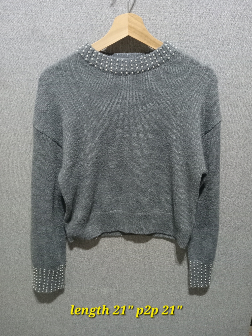H&M Gray Pearl-Embellished Crewneck Sweater